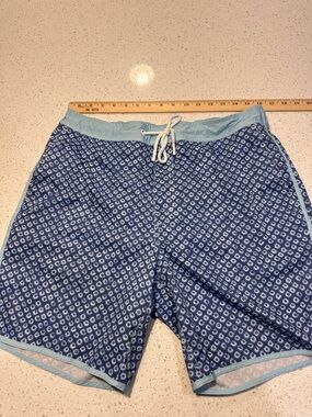 johnnie-O Blue Geometric Swim Trunks with Light Blue Trim